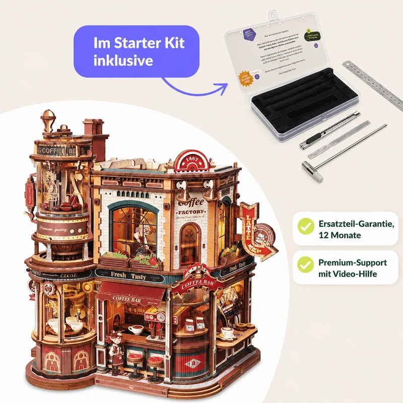 Dream Coffee Factory Starter Kit – 3D-Holzbausatz mit Licht, inkl. Werkzeug-Set