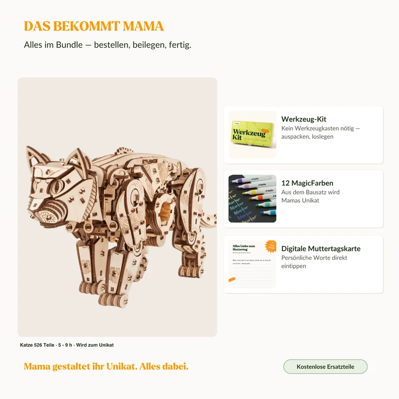 Katze in Bewegung — Muttertags-Holzkunst mit Mechanik