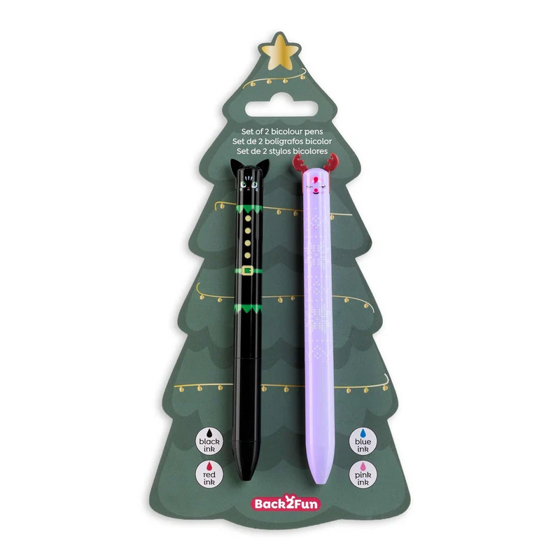 Zweifarbige Weihnachtskugelschreiber Xmas Time – Kätzchen & Rentier (2 Stück)