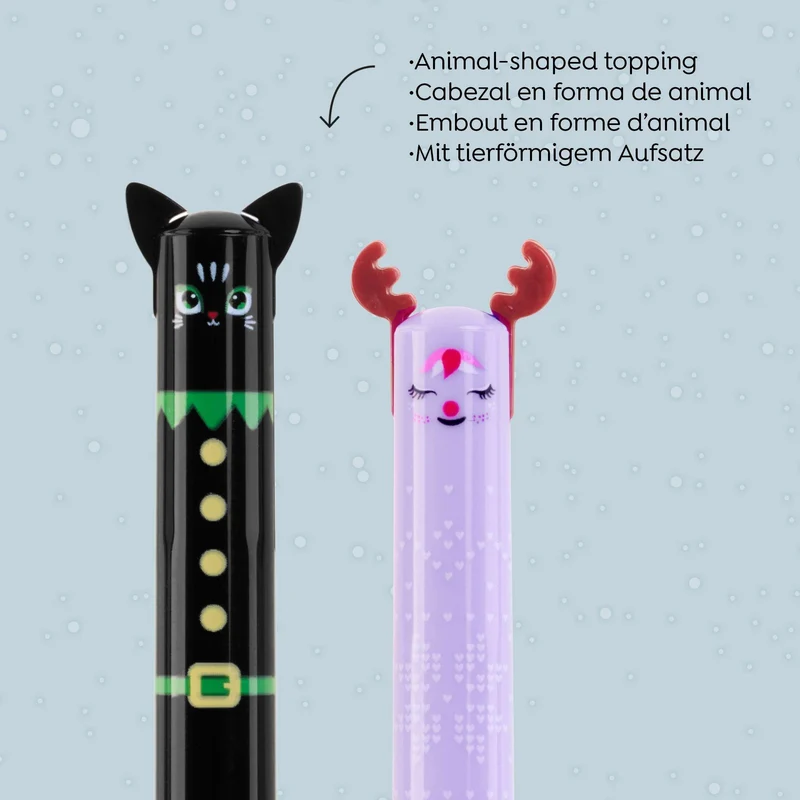 Zweifarbige Weihnachtskugelschreiber Xmas Time – Kätzchen & Rentier (2 Stück)