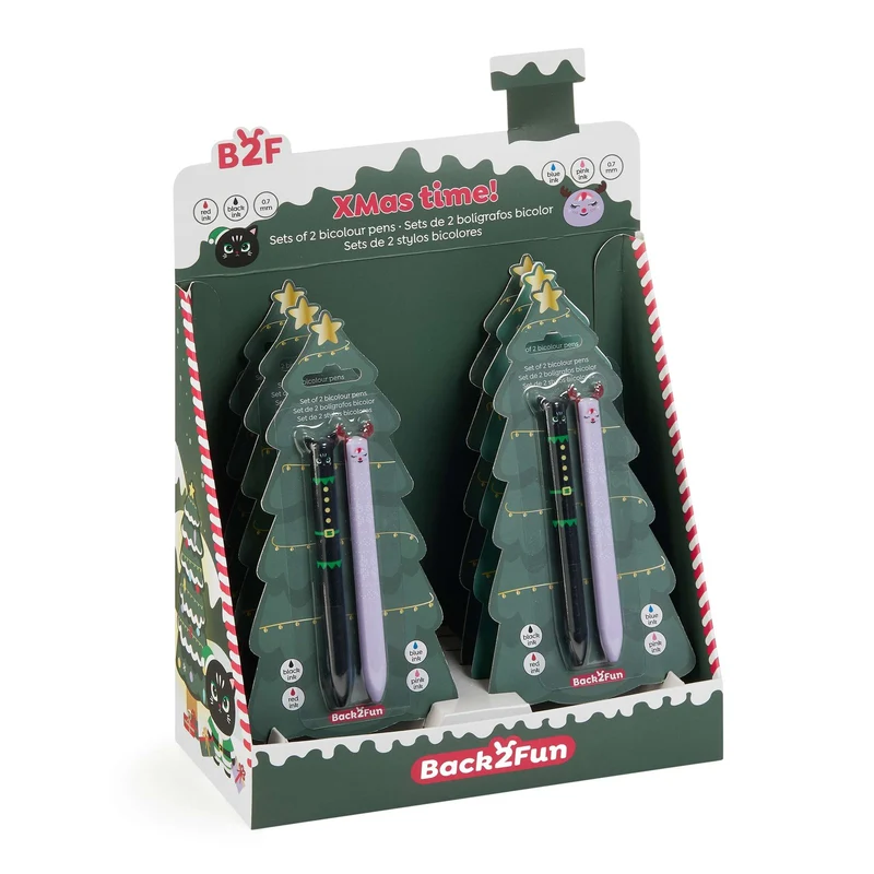 Zweifarbige Weihnachtskugelschreiber Xmas Time – Kätzchen & Rentier (2 Stück)