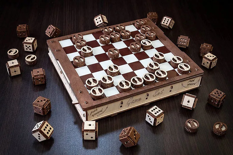 EWA - Spiele Set Schach, Dame, Battle - Puzzle - Holzbausatz