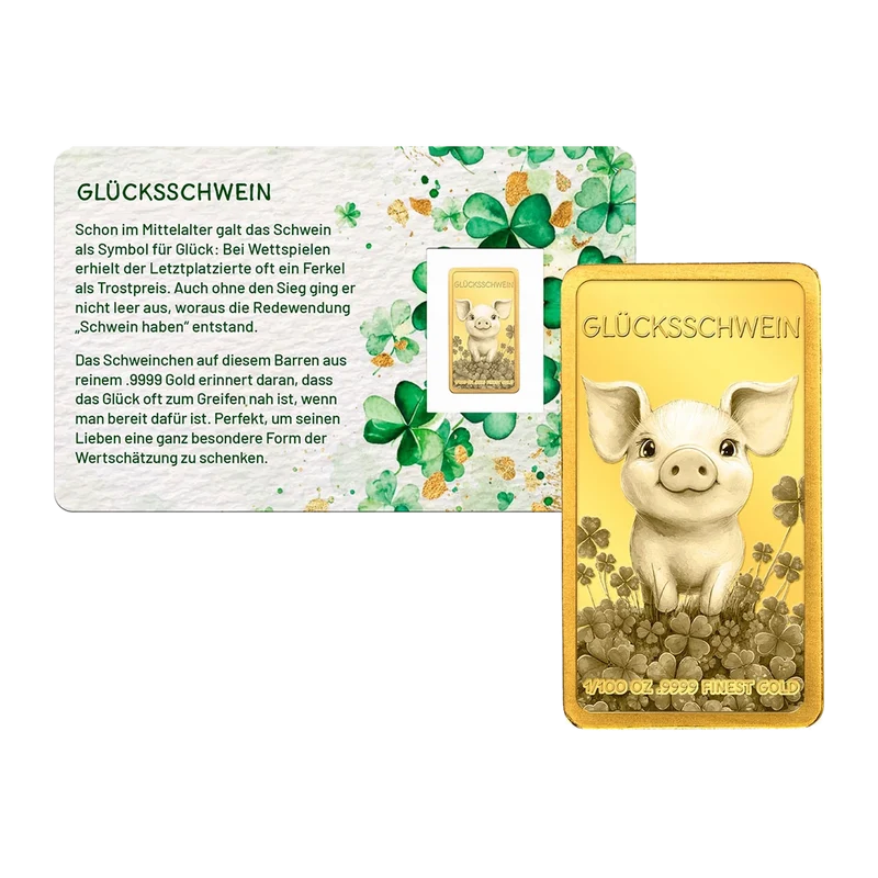 Goldbarren „Glücksschwein“ in Geschenkkarte mit Schleife