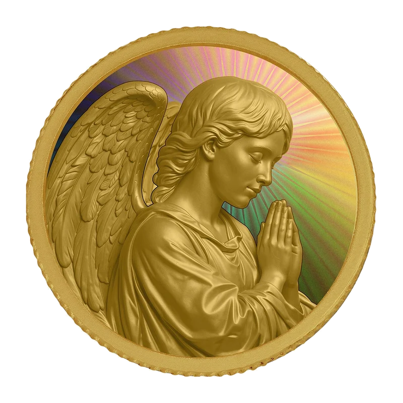 Goldmünze Engel mit Regenbogeneffekt im roten Samtsäckchen