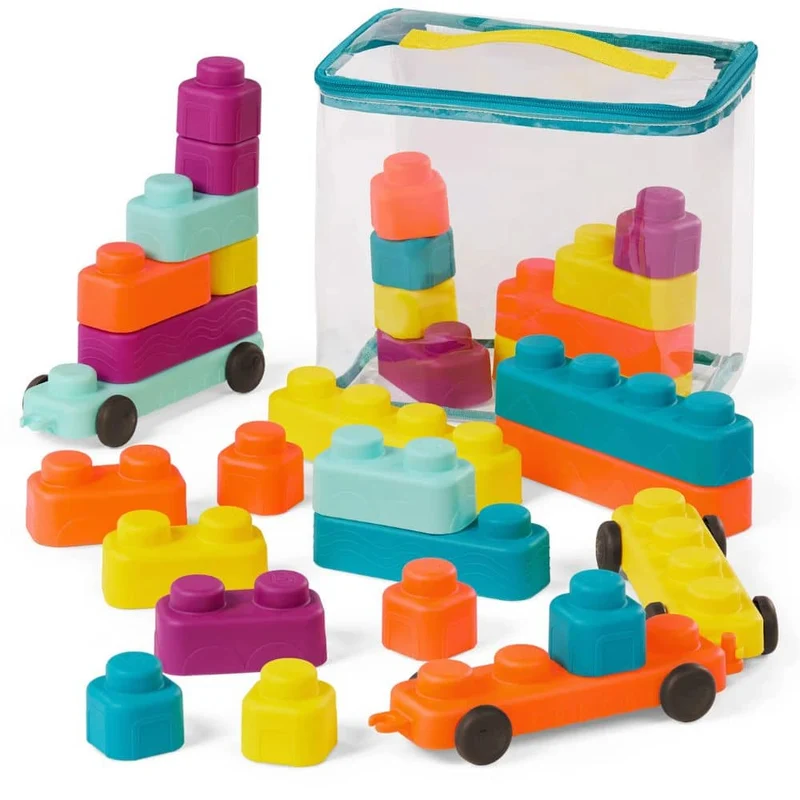 Miękkie klocki sensoryczne z wagonikami B. Toys – Buildin’ Squishies