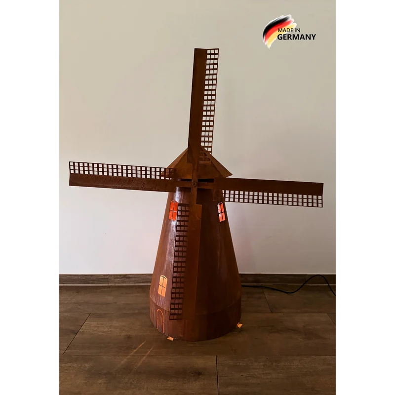 Drehbare Windmühle Edelrost inkl. Beleuchtung