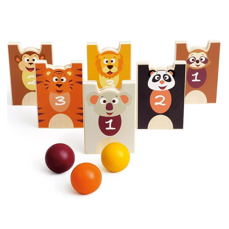 2-in-1-Spiel Pyramide und Holzkegel – Wilde Tiere