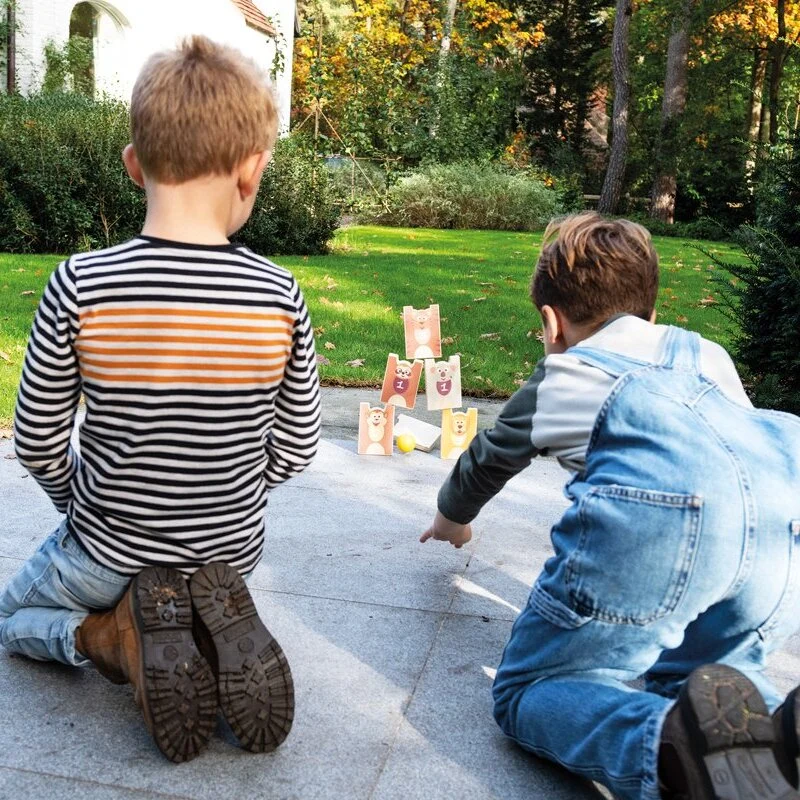 2-in-1-Spiel Pyramide und Holzkegel – Wilde Tiere