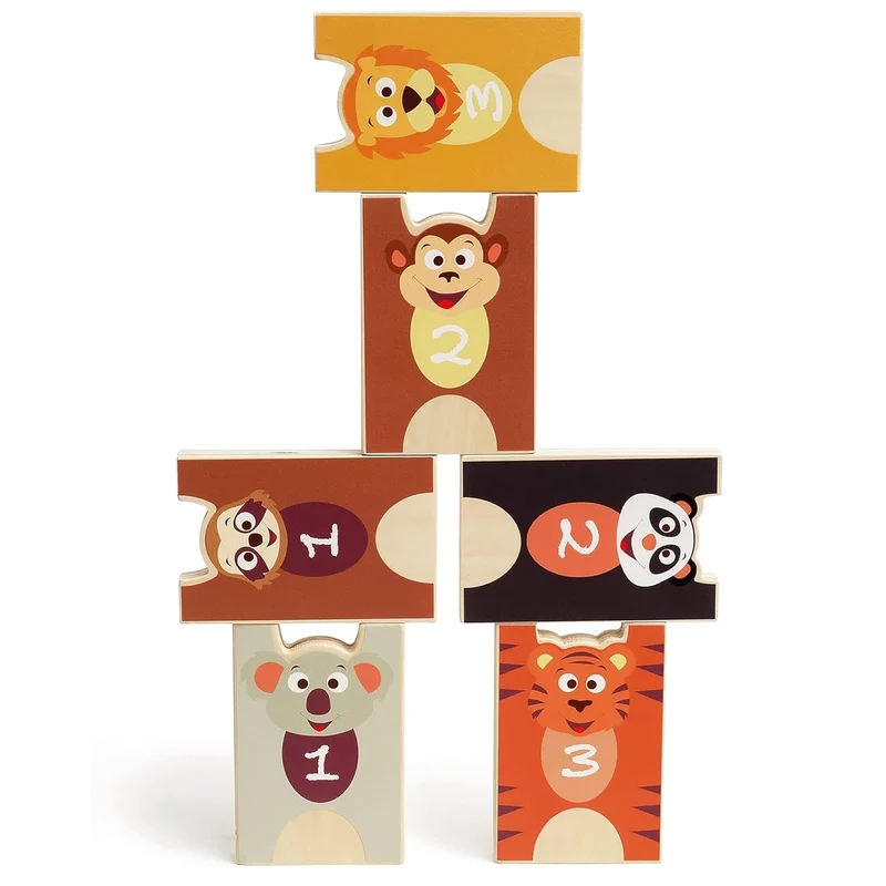 2-in-1-Spiel Pyramide und Holzkegel – Wilde Tiere