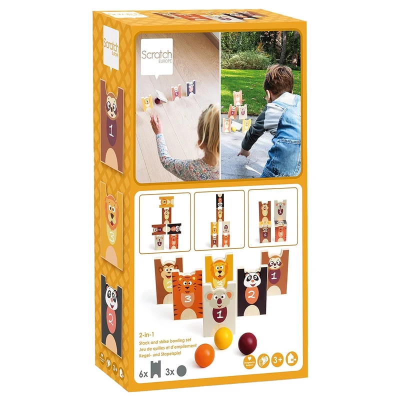 2-in-1-Spiel Pyramide und Holzkegel – Wilde Tiere