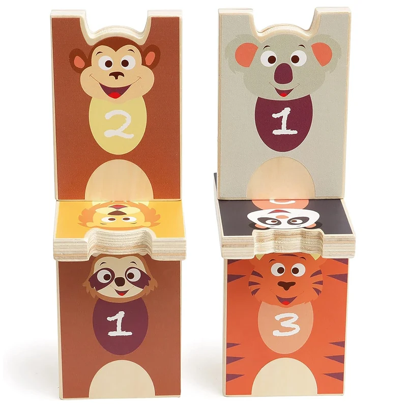 2-in-1-Spiel Pyramide und Holzkegel – Wilde Tiere