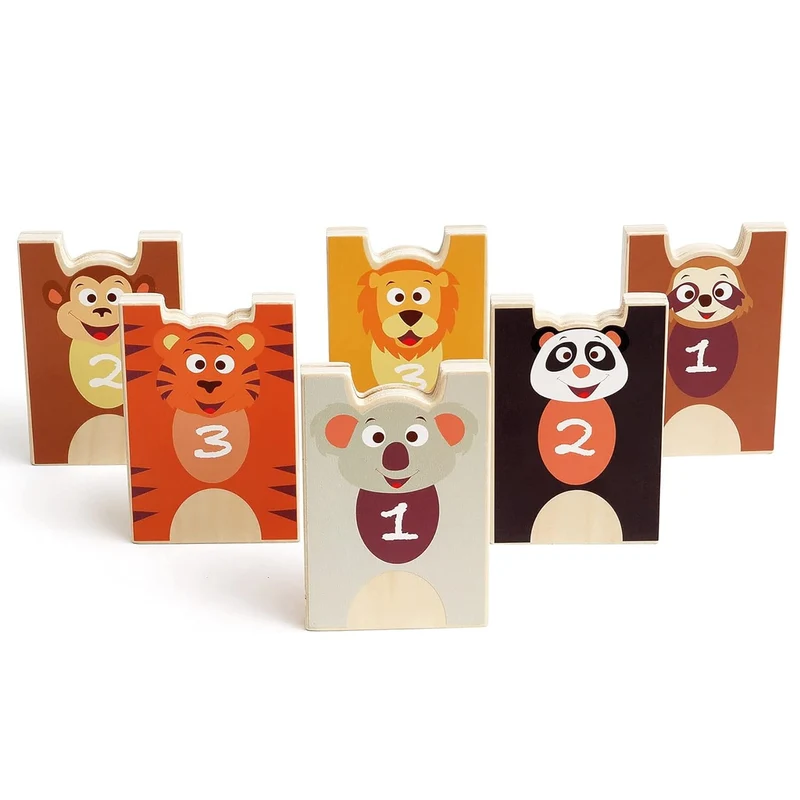 2-in-1-Spiel Pyramide und Holzkegel – Wilde Tiere