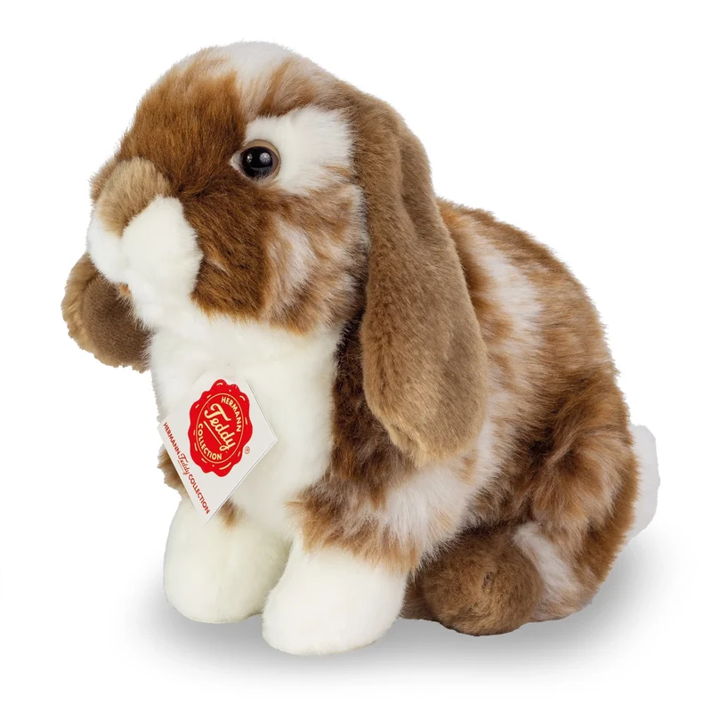 Teddy-Hermann Hase sitzend dunkelbraun/weiss gescheckt 20cm – realistisches Kuscheltier