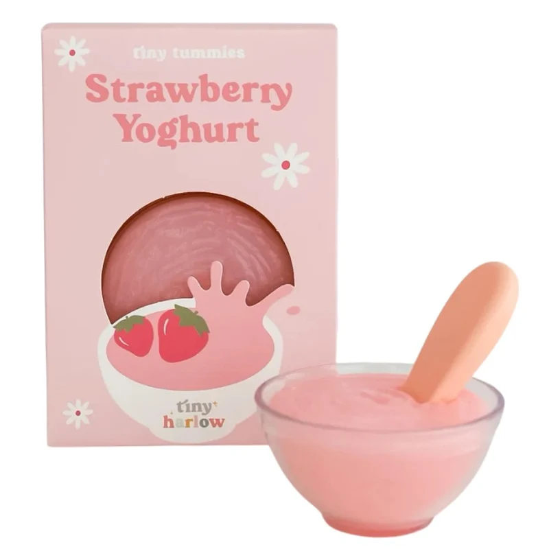 Magische Schale Tiny Tummies mit Löffel zum Füttern von Puppen – Erdbeerjoghurt