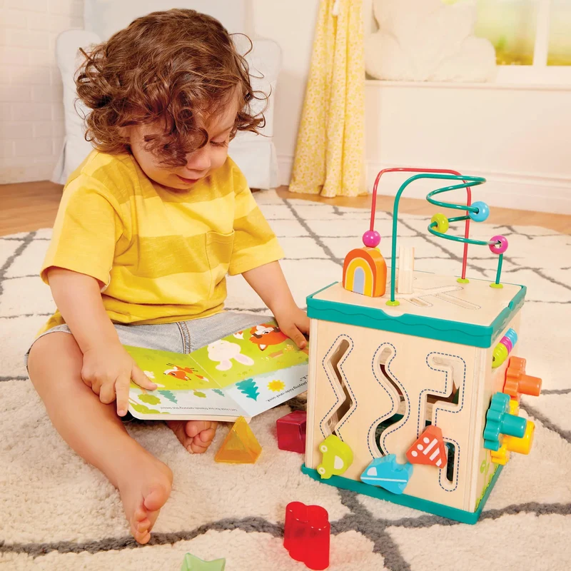 Holz-Lernwürfel mit Sortierer, Labyrinth und Buch – Lil’ Learning Cube 8 Teile