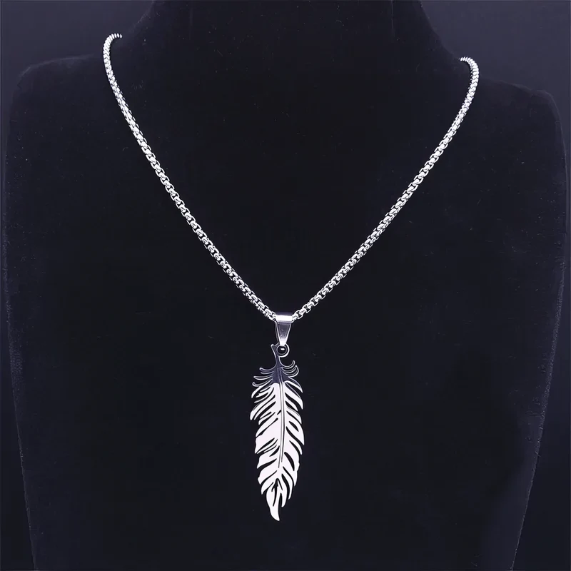 *Perlstein Boho Feder Halskette, Edelstahl, Silber, 50 cm
