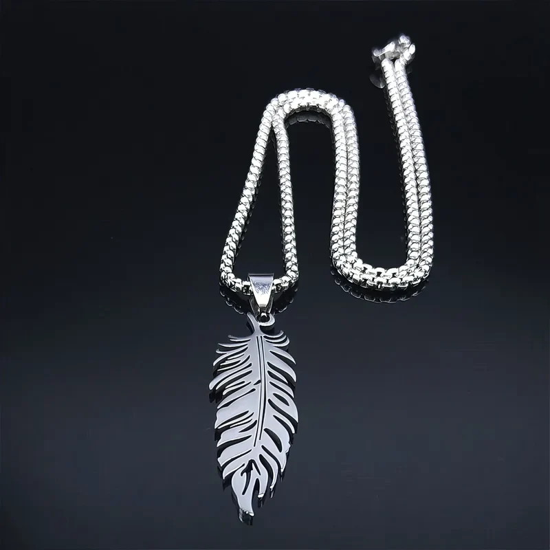 *Perlstein Boho Feder Halskette, Edelstahl, Silber, 50 cm