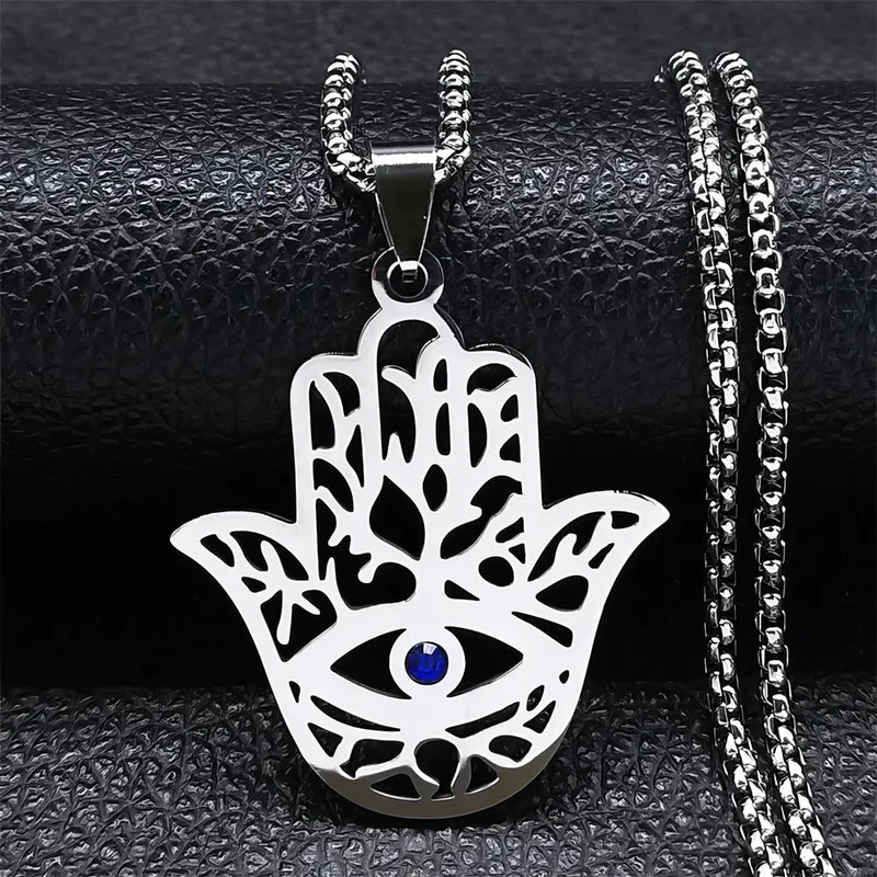 *Perlstein Fatima Hamsa Halskette, Edelstahl, Silber, 50 cm