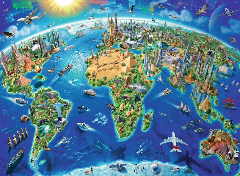 PFG Ravensburger World Landmarks Map, Adrian Chesterman (300 XXL) (Usage/Used _ PUZZLES FOR GOOD)