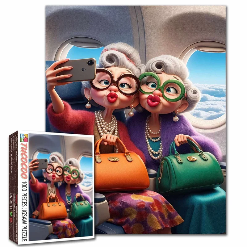 Playful Seniors - Stylish Grandmothers Taking Airplane Selfie (1000pcs)