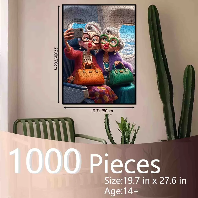 Playful Seniors - Stylish Grandmothers Taking Airplane Selfie (1000pcs)