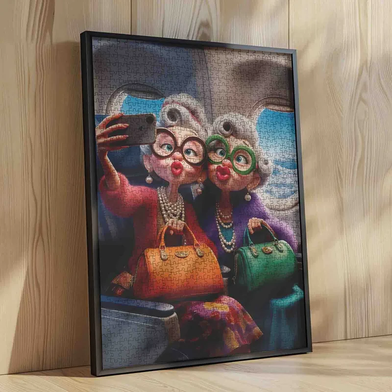 Playful Seniors - Stylish Grandmothers Taking Airplane Selfie (1000pcs)