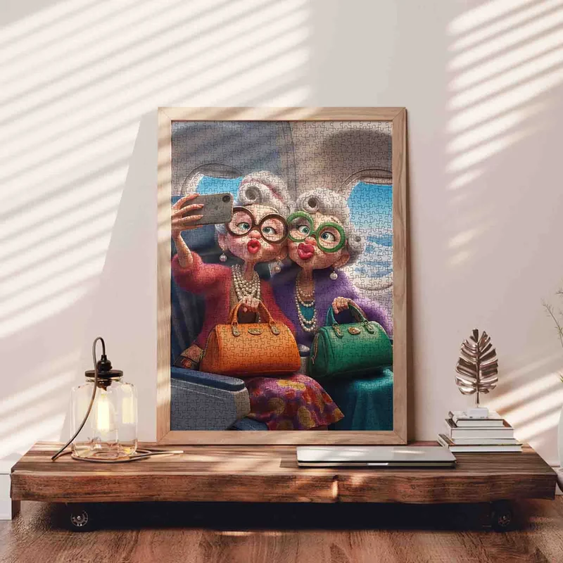 Playful Seniors - Stylish Grandmothers Taking Airplane Selfie (1000pcs)