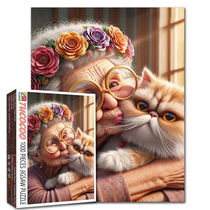 Playful Seniors - Grandma and Cat Hug (1000pcs)