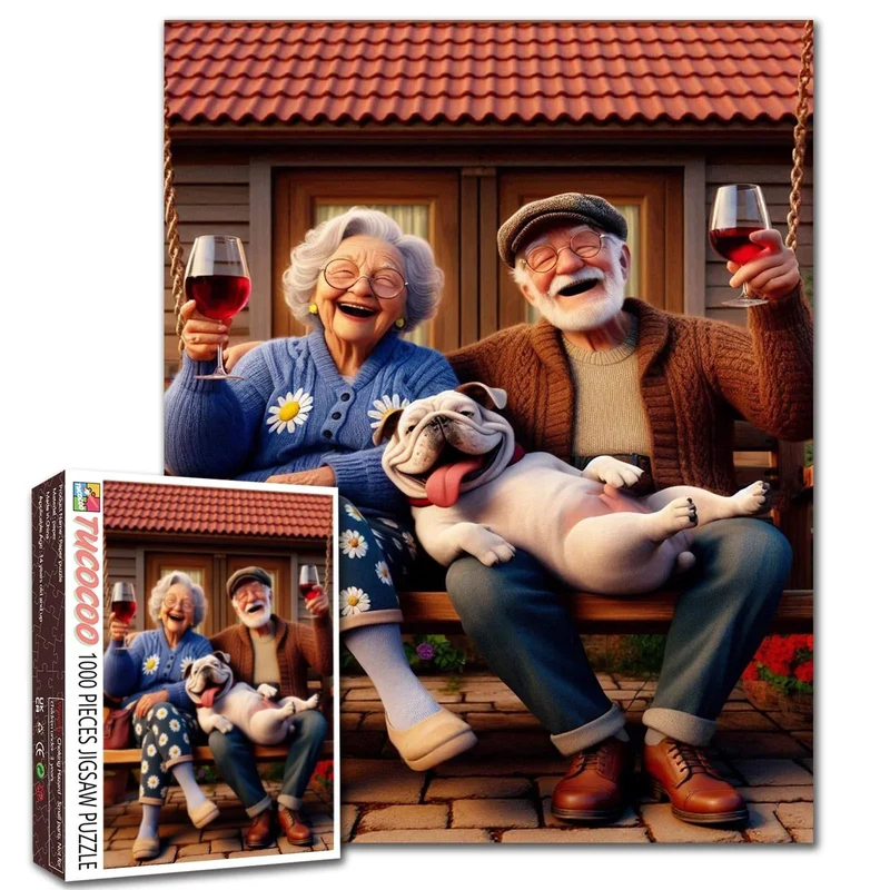 Playful Seniors - Joyful Elderly Couple with Dog (1000pcs)