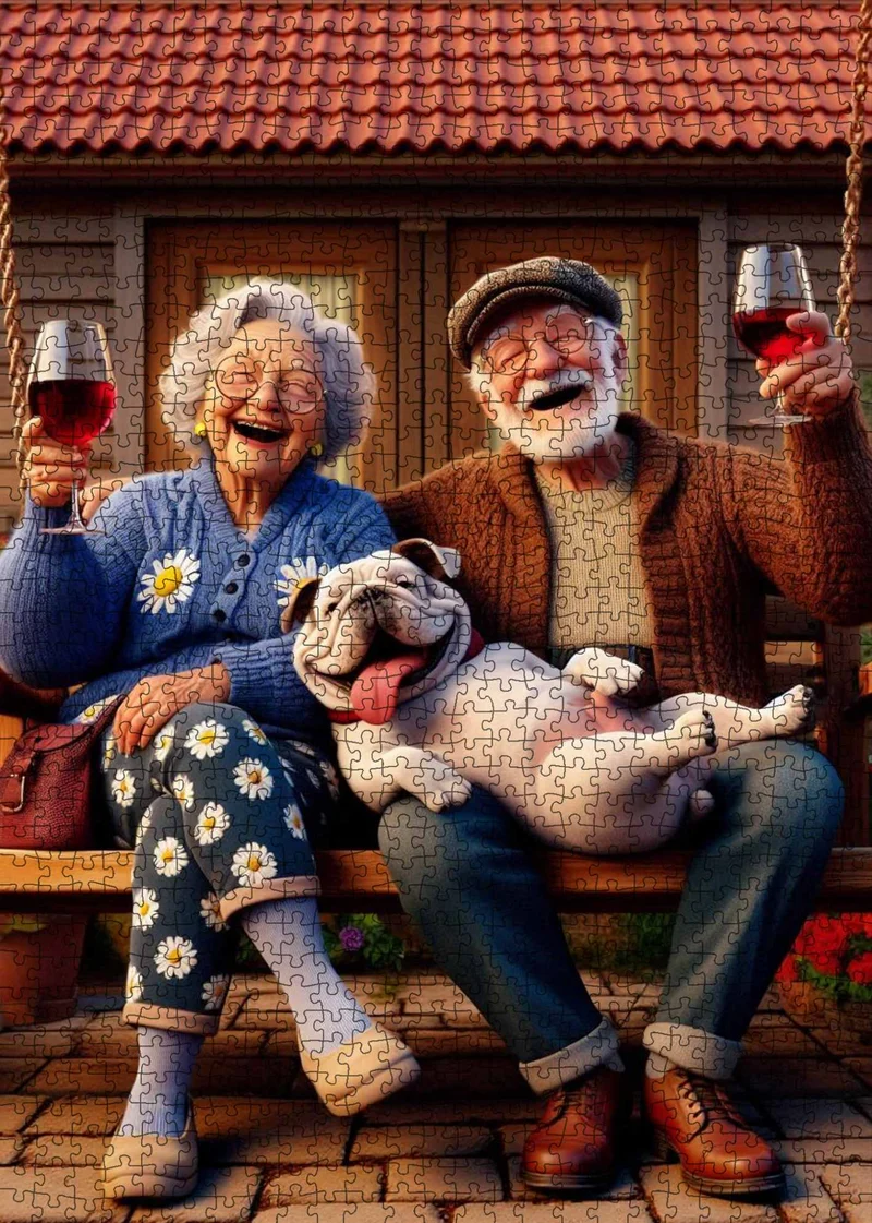 Playful Seniors - Joyful Elderly Couple with Dog (1000pcs)