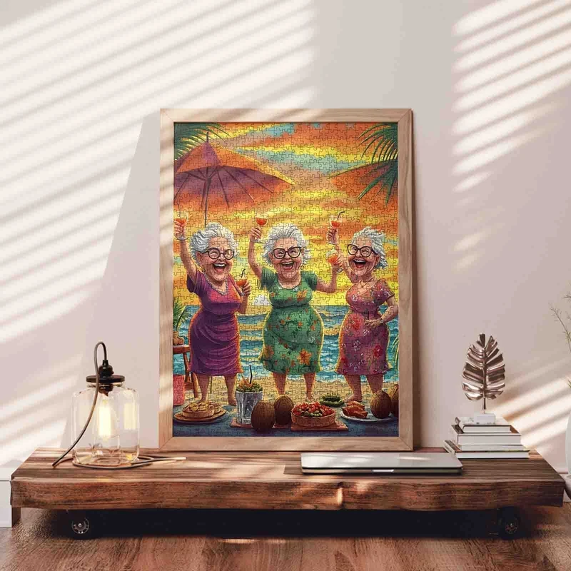 Playful Seniors - Elderly Friends Celebrating Sunset on Beach (1000pcs)