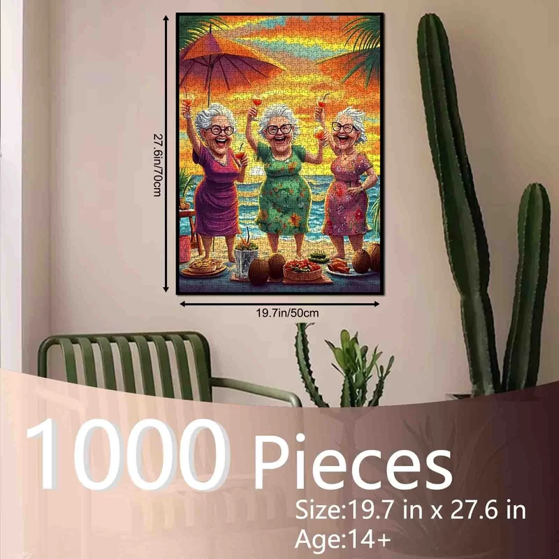 Playful Seniors - Elderly Friends Celebrating Sunset on Beach (1000pcs)