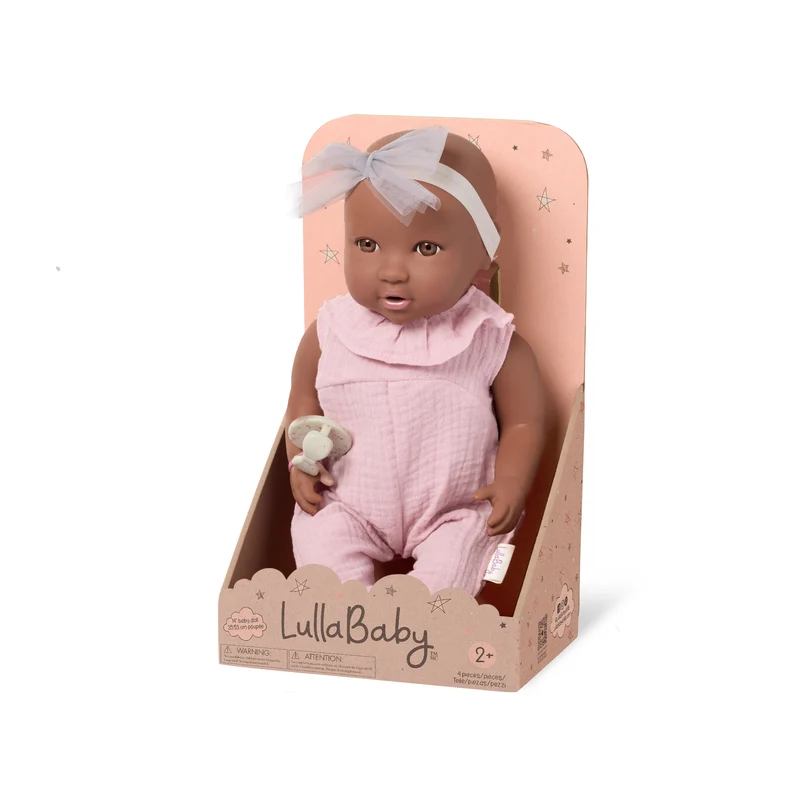 Babypuppe mit Schnuller im rosa Musselinoutfit mit Stirnband
