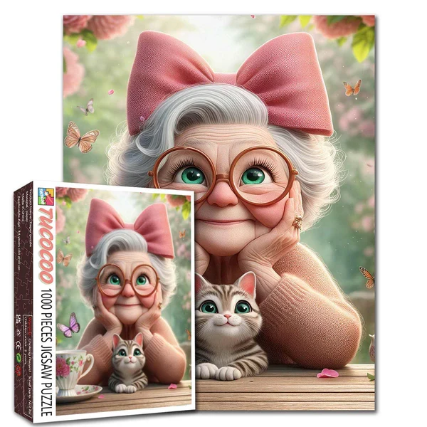 DMG Playful Seniors - Grandma with Pink Bow and Kitten (1000pcs) (DAMAGED BOX)