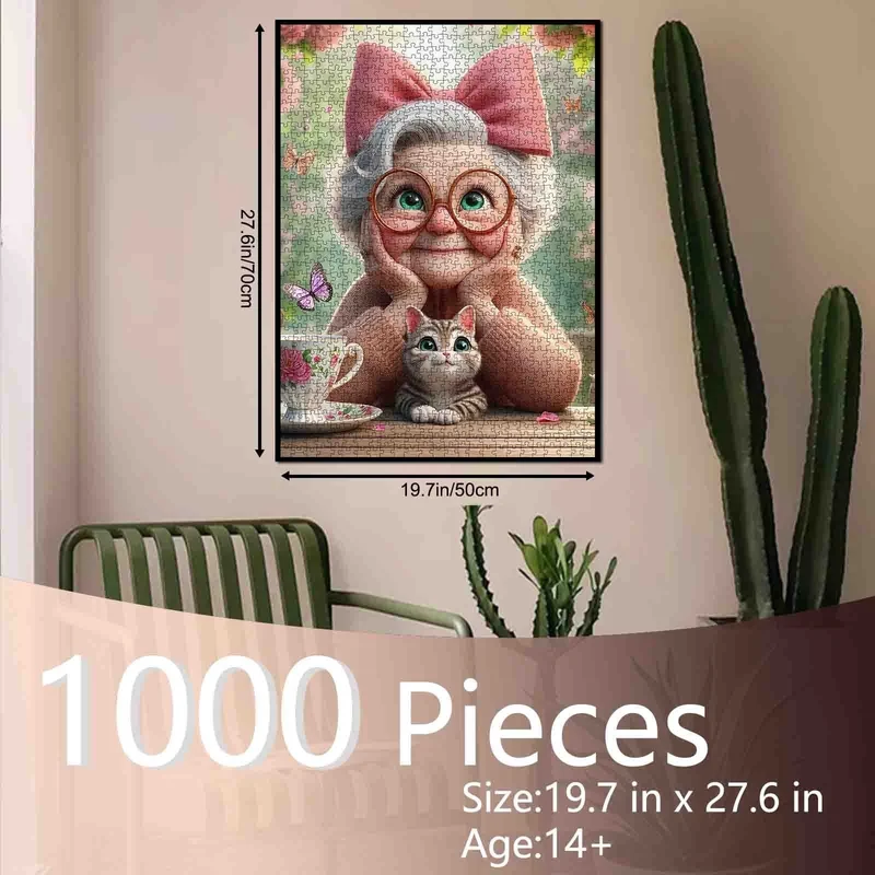 DMG Playful Seniors - Grandma with Pink Bow and Kitten (1000pcs) (DAMAGED BOX)