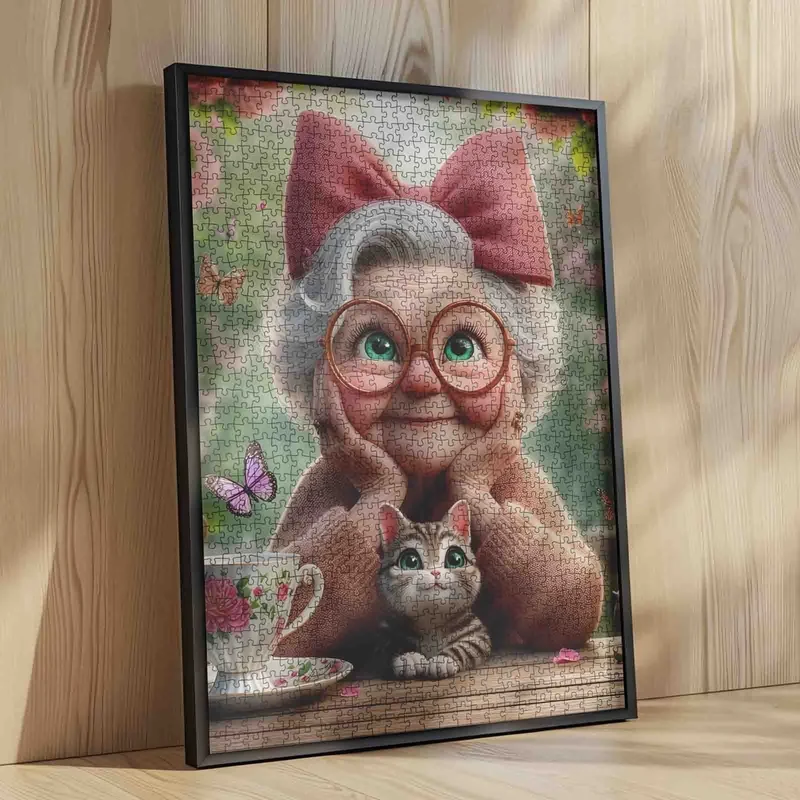 DMG Playful Seniors - Grandma with Pink Bow and Kitten (1000pcs) (DAMAGED BOX)