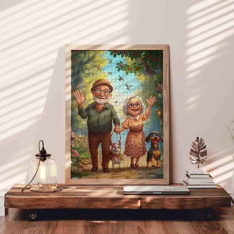 Playful Seniors - Elderly Couple Walking Dogs (1000pcs)