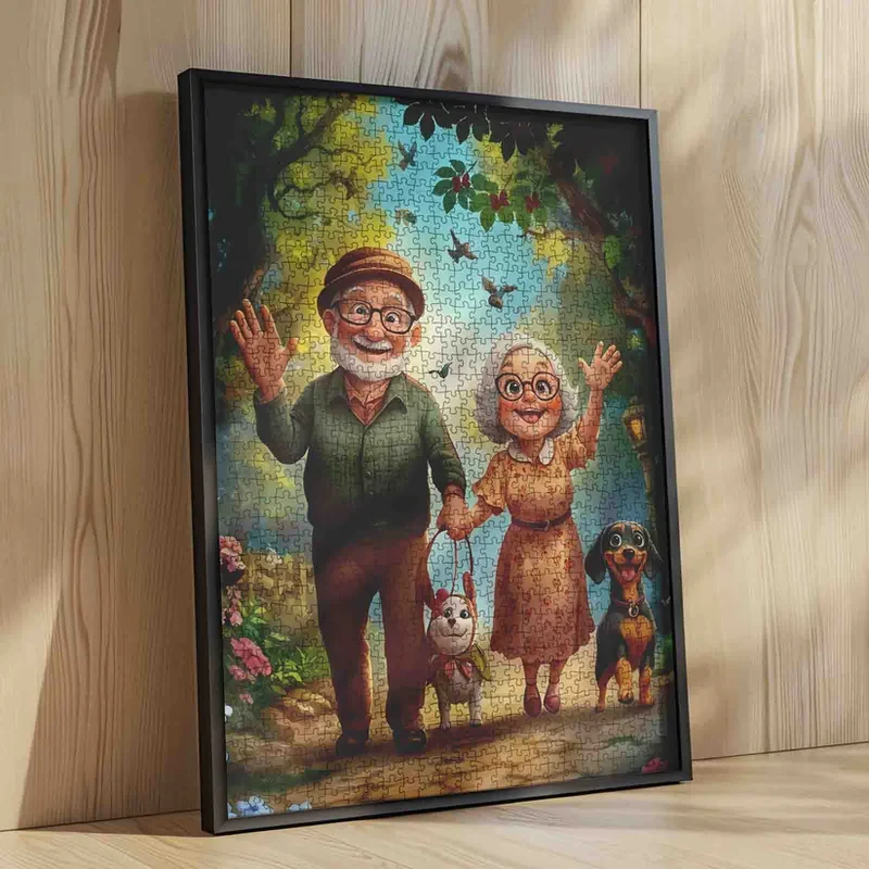 Playful Seniors - Elderly Couple Walking Dogs (1000pcs)