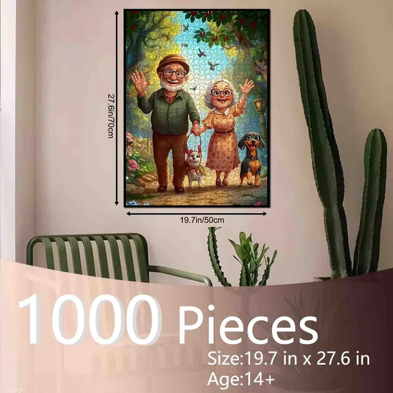 Playful Seniors - Elderly Couple Walking Dogs (1000pcs)