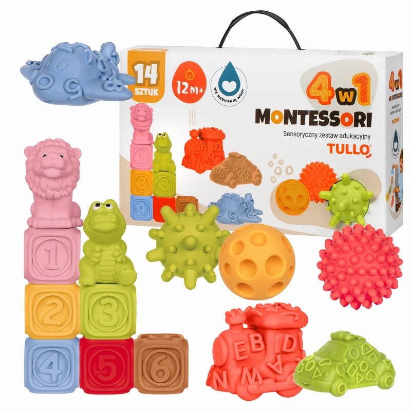 Sensorik-Bausteine Set Montessori 14-teilig mit Pyramide Bällen Fahrzeugen Tieren