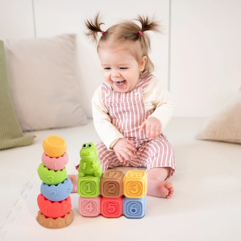 Sensorik-Bausteine Set Montessori 13-teilig mit Pyramide und Tieren