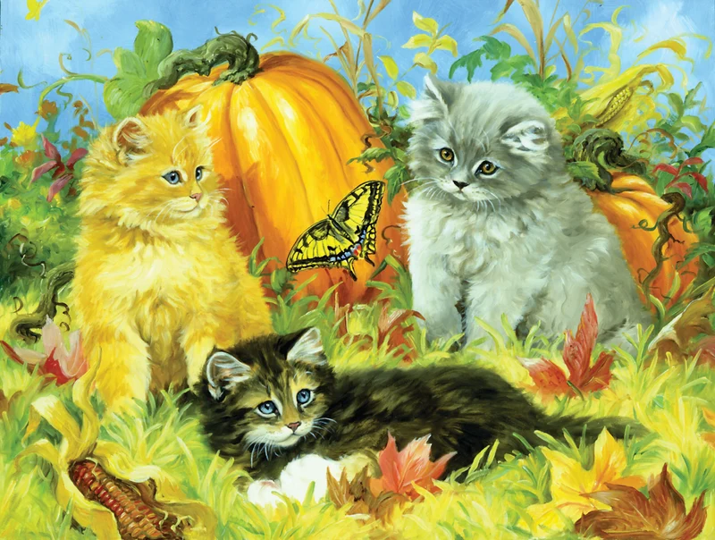 Linda Picken Collection - Fluffy Kittens with Pumpkin (300pcs)