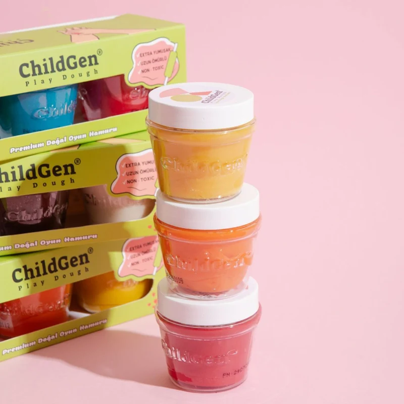 Natürliche Knete in Gläsern – Gelb, Rosa, Orange
