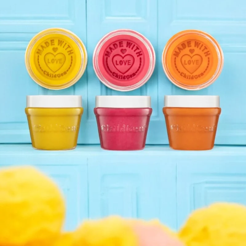 Natürliche Knete in Gläsern – Gelb, Rosa, Orange