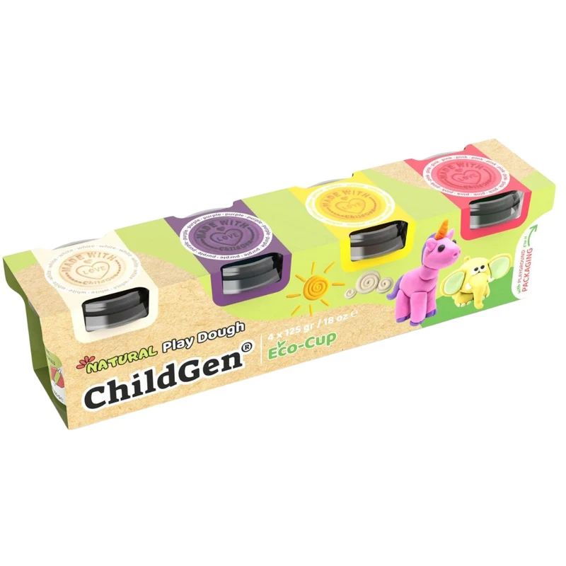 Natürliche Knete in Öko-Bechern – Weiß, Rosa, Violett, Gelb