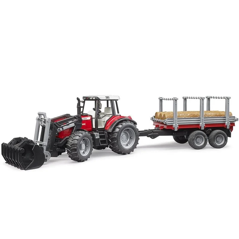 Bruder Massey Ferguson 7480 mit Frontlader, Holztransportanhänger & Baumstämmen