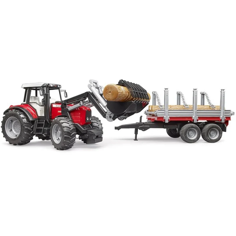 Bruder Massey Ferguson 7480 mit Frontlader, Holztransportanhänger & Baumstämmen