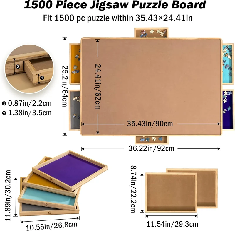 1500pcs Wooden Puzzle Board with Cover & 6 Push Open/Close Drawers (35.43 × 24.41 in)