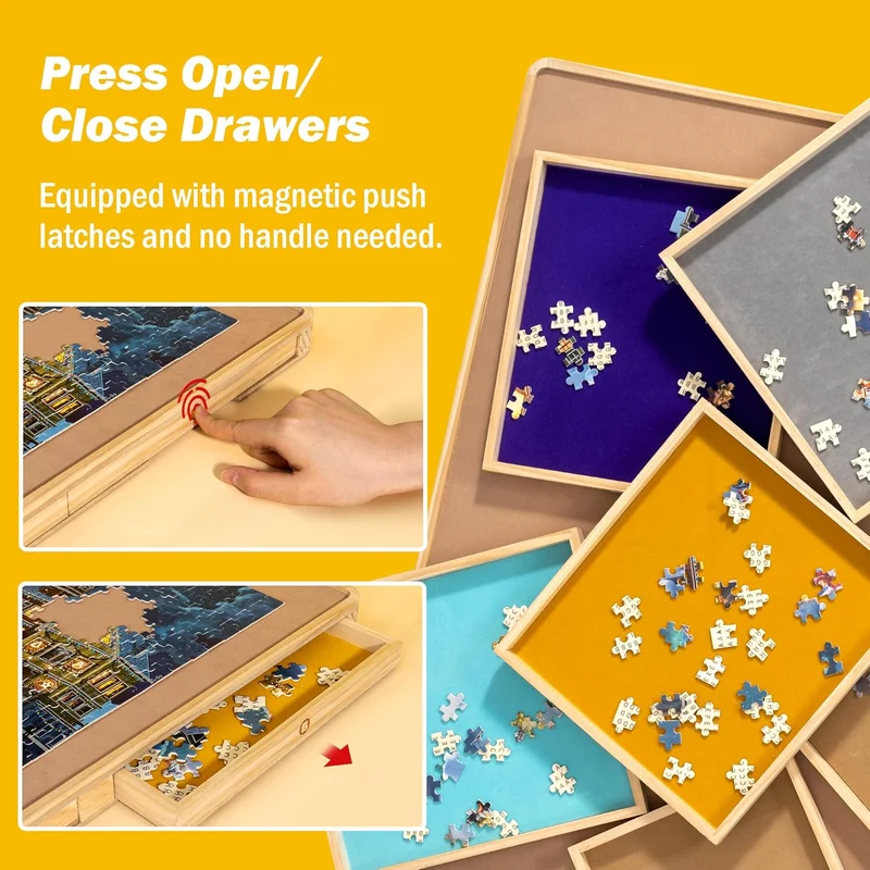 1500pcs Wooden Puzzle Board with Cover & 6 Push Open/Close Drawers (35.43 × 24.41 in)