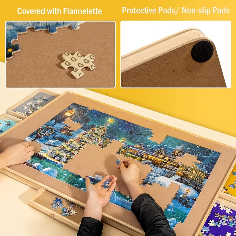 1500pcs Wooden Puzzle Board with Cover & 6 Push Open/Close Drawers (35.43 × 24.41 in)